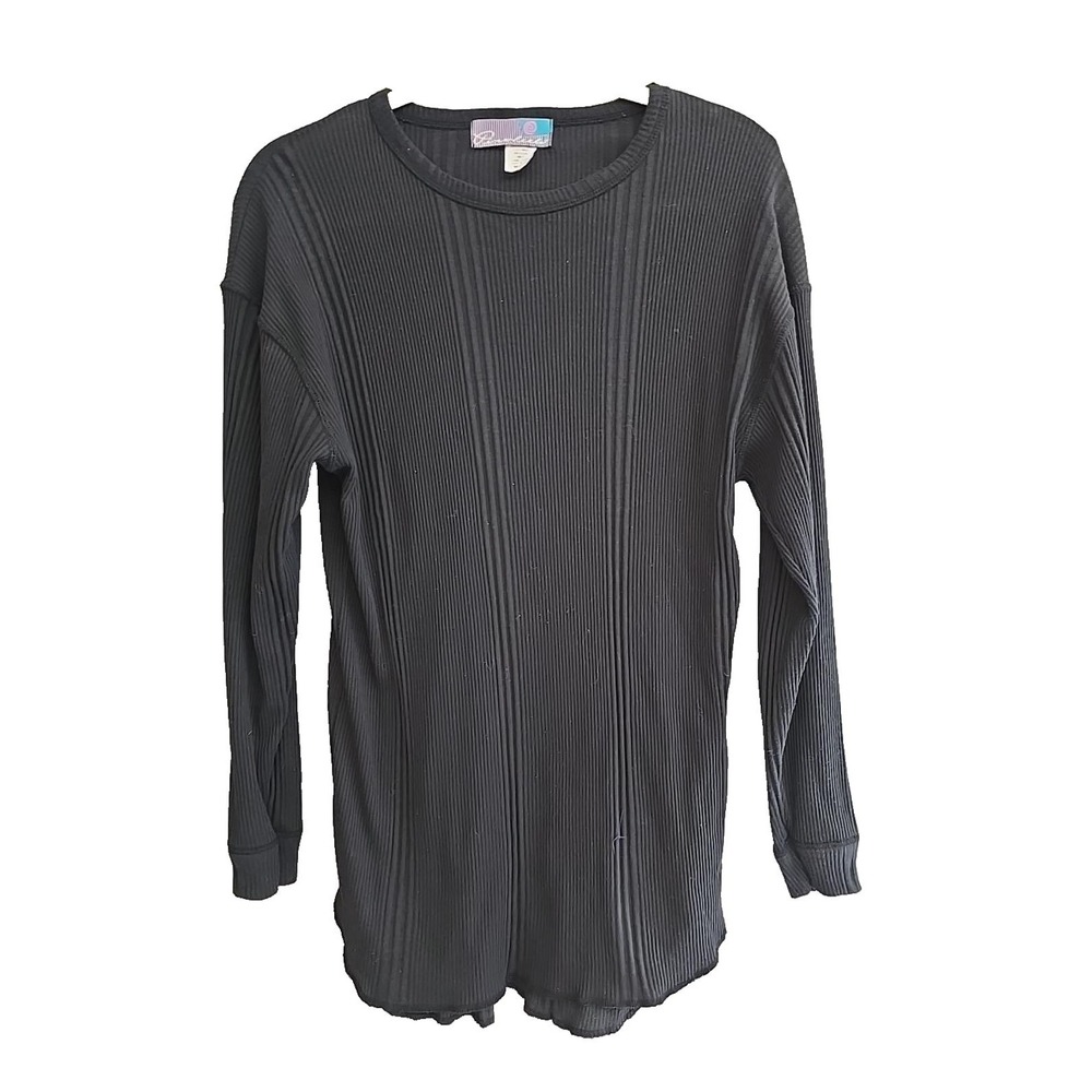 Vtg Y2K Pinwheels Black USA Crew Neck Ribbed Long Sleeve Top Womans Size Medium